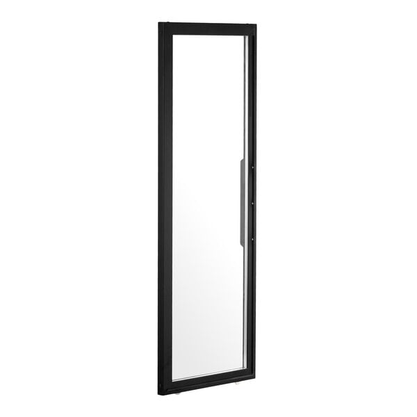 A tall, rectangular glass door with a black frame and a vertical handle on one side.