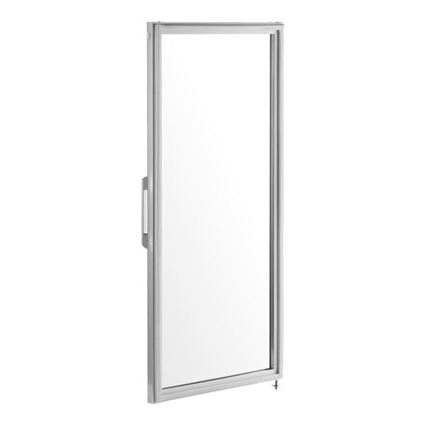 A rectangular glass door with a silver metal frame and a handle on the left side.