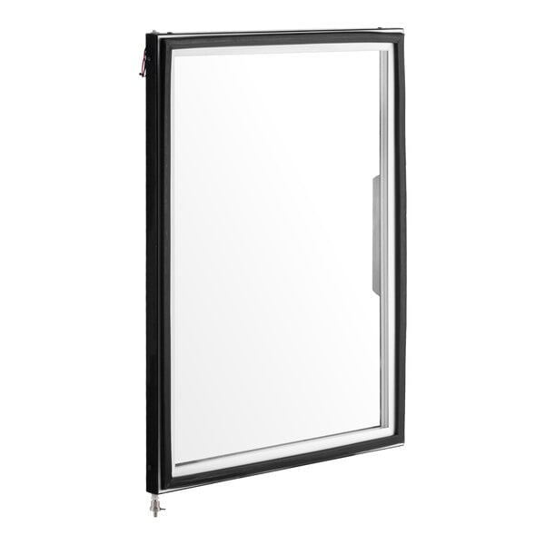 A rectangular, right-hinged glass door with a black frame and a visible handle on the right side.