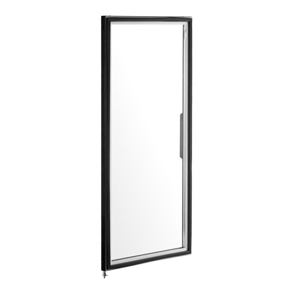 A rectangular glass door with a black frame and a right-side handle, shown standing upright.