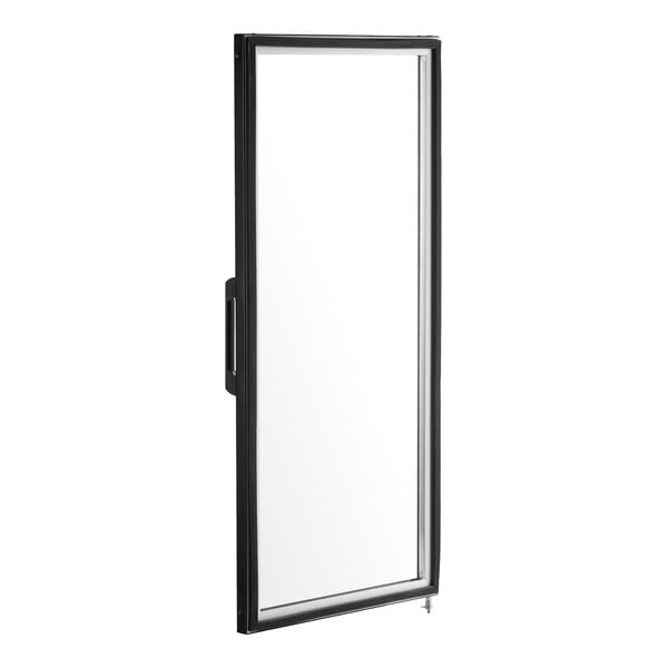 A rectangular glass door with a black frame and a handle on the left side.