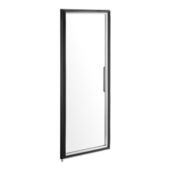 A rectangular glass door with a black frame and a handle on the right side, shown standing upright.