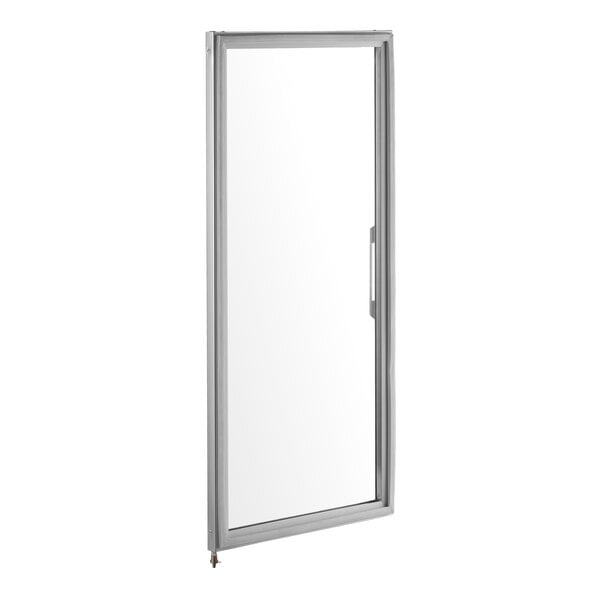 A rectangular glass door with a silver metal frame and a vertical handle on the right side.