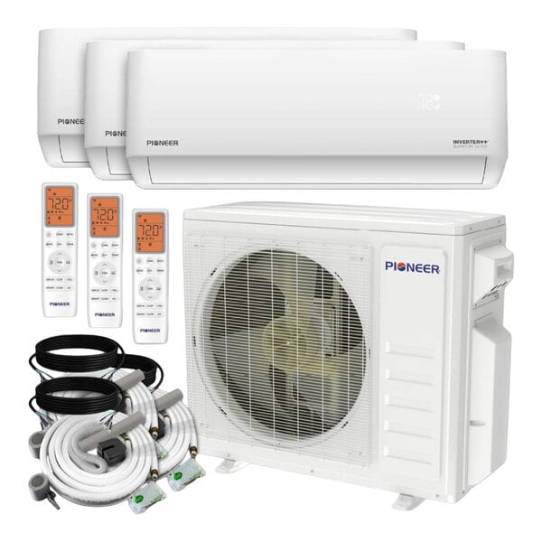 A set of three white wall-mounted air conditioning units, an outdoor condenser unit, three remote controls, and installation accessories.