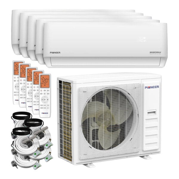 A set of five white wall-mounted air conditioning units, five remote controls, an outdoor condenser unit, and several coiled installation hoses.