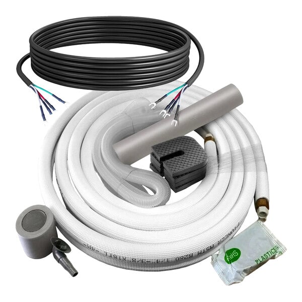A collection of coiled cables, insulated pipes, connectors, and installation accessories arranged together on a white background.