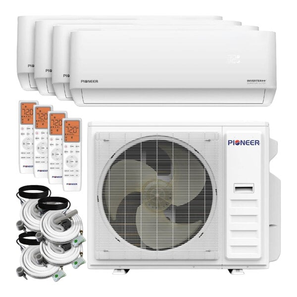 A set of four white wall-mounted air conditioning units, four remote controls, four coiled installation hoses, and a large outdoor condenser unit.