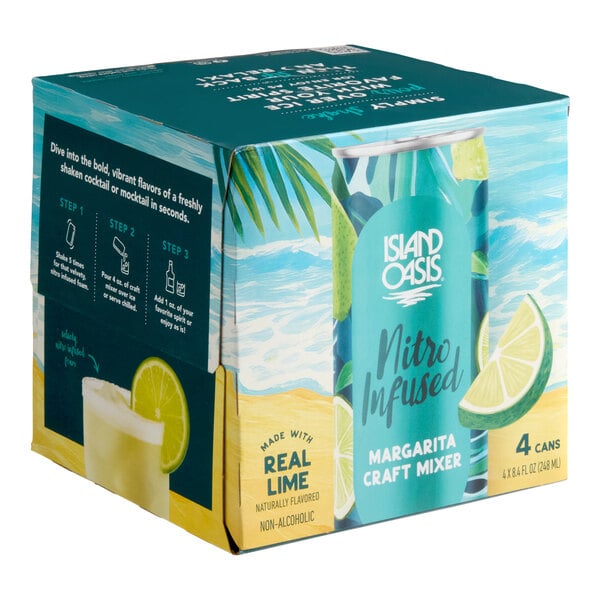 A 4-pack of Island Oasis Nitro Infused Margarita Craft Mixer cans, each containing 8.4 oz, made with real lime and non-alcoholic.