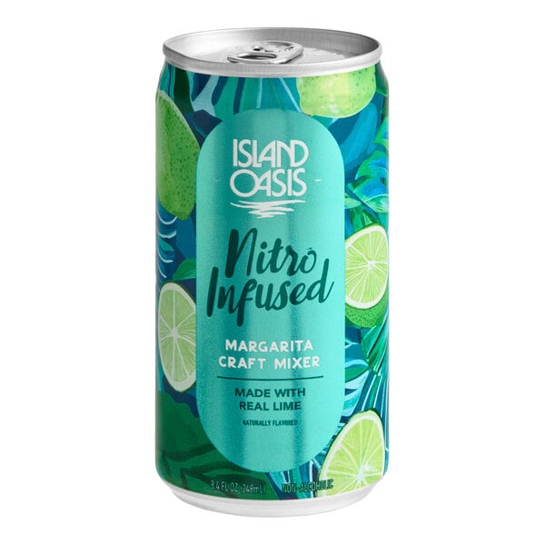 A colorful can with tropical leaf and lime slice illustrations, labeled 'Island Oasis Nitro Infused Margarita Craft Mixer' and 'Made with Real Lime.'