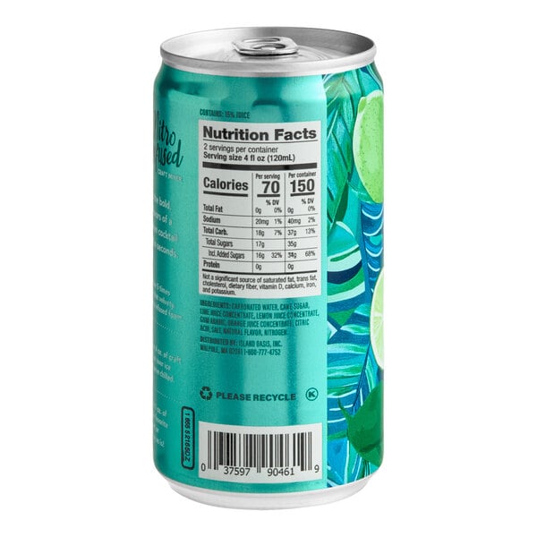 A teal-colored can with nutrition facts, a barcode, and a leafy lime-themed design on the side.