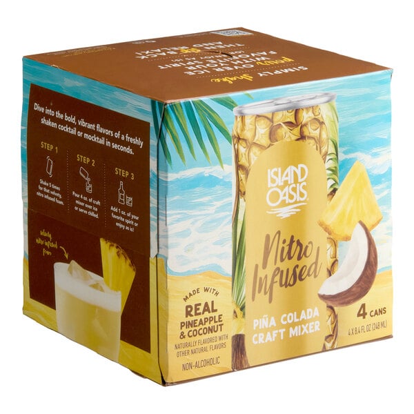 A 4-pack of Island Oasis Nitro Infused Piña Colada Craft Mixer cans, made with real pineapple and coconut.