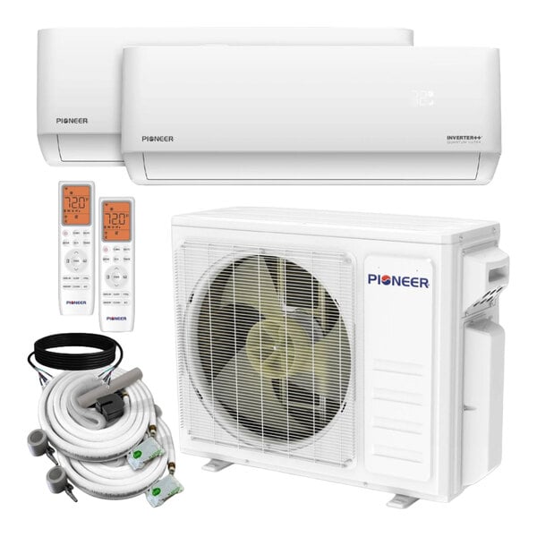 A set of air conditioning and heat pump system components, including two wall-mounted indoor units, an outdoor condenser unit, two remote controls, and installation accessories.
