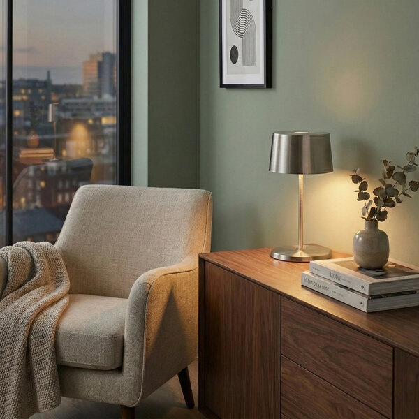 A small antique nickel cordless rechargeable table lamp placed on a wooden sideboard next to a beige armchair.