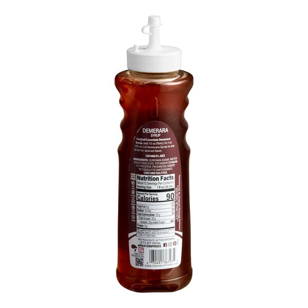 A 375 mL bottle of Master of Mixes Demerara Simple Syrup with a white squeeze cap.