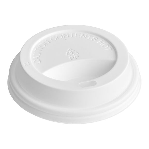 A white plastic disposable cup lid with a sipping hole and raised caution text.