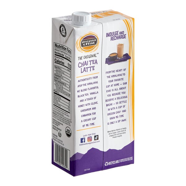 A 32 fl. oz. carton of Oregon Chai Organic Original Chai Tea Latte 1:1 concentrate.