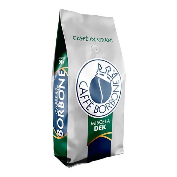 A 2.2 lb. bag of Caffe Borbone decaf whole bean espresso.