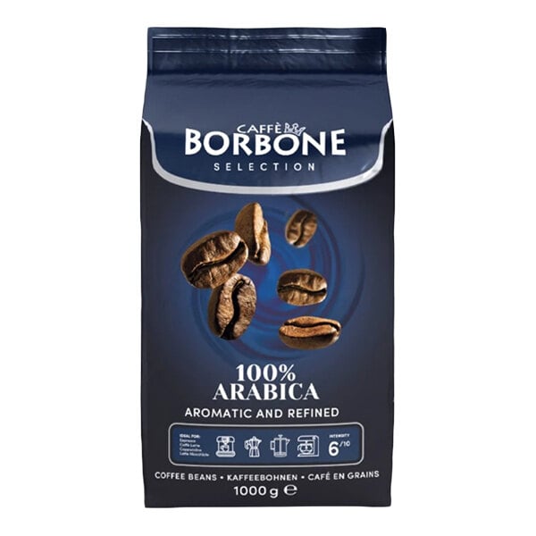 A 1 kg (2.2 lb) bag of Caffe Borbone Selection 100% Arabica whole bean coffee.