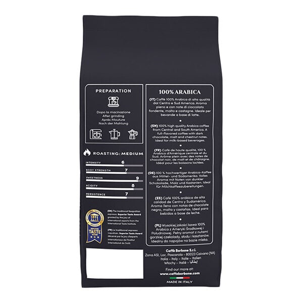 A bag of Caffe Borbone 100% Arabica whole bean espresso coffee.