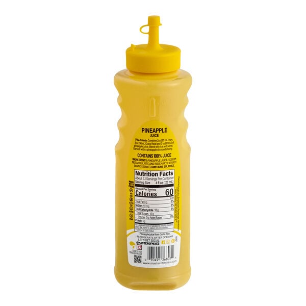 A yellow plastic squeeze bottle of Master of Mixes Single Pressed Pineapple Juice, 375 mL.