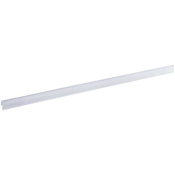 A clear 44-inch clip-on label holder designed for wire basket shelving.