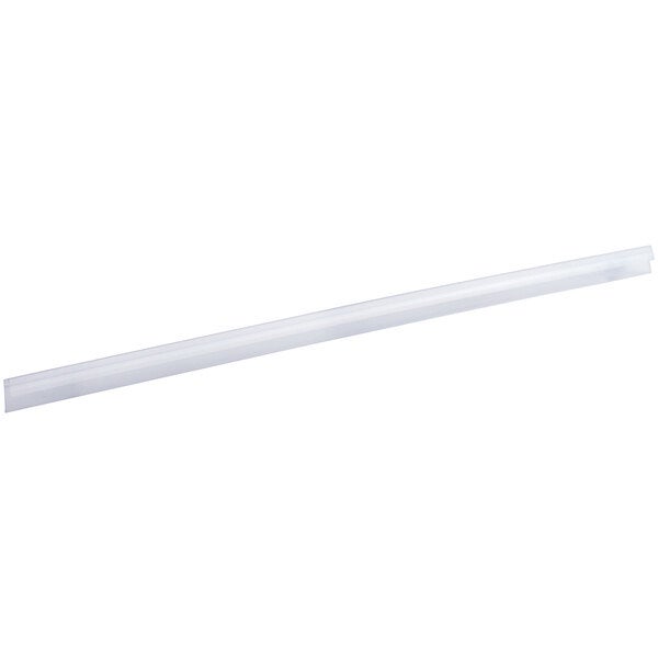 A clear 44-inch clip-on label holder designed for wire basket shelving.