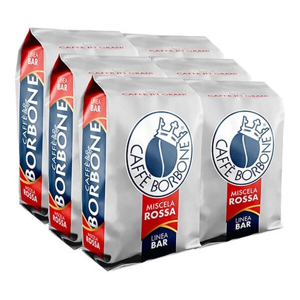 A set of six 2.2 lb bags of Caffe Borbone Red Blend whole bean espresso.