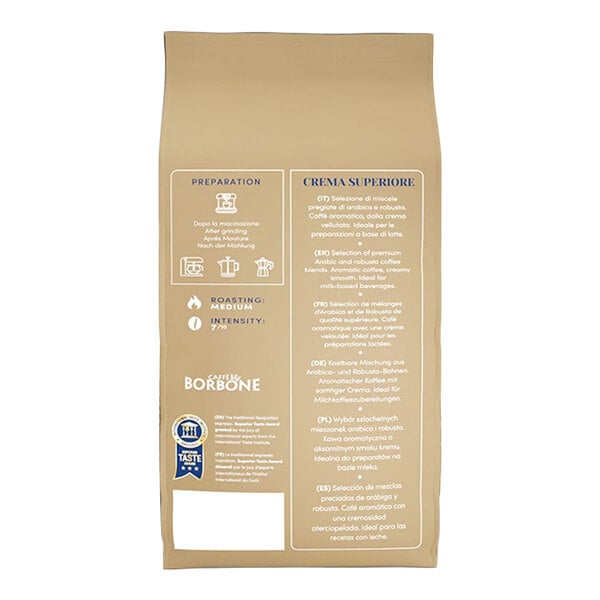 A beige bag of Caffe Borbone Crema Superiore whole bean espresso coffee weighing 2.2 pounds.