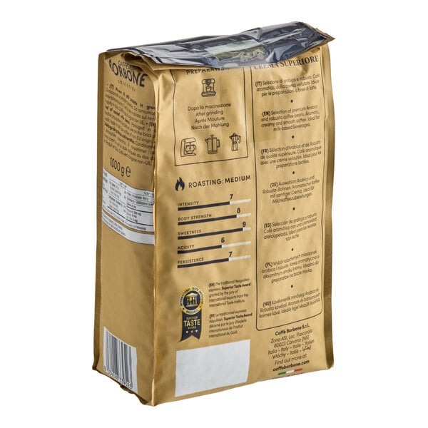 A gold bag of Caffe Borbone Crema Superiore whole bean espresso coffee.