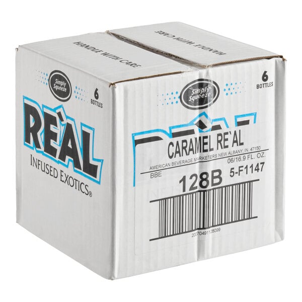 A cardboard case containing six bottles of Real Rich Caramel Infused Syrup, each 16.9 fl. oz.