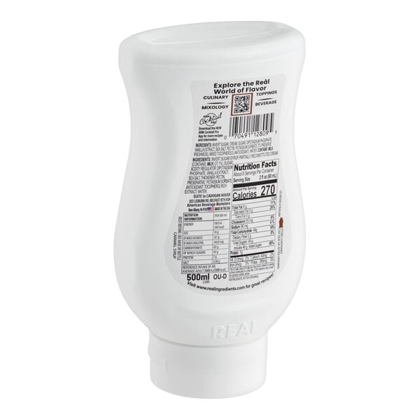 A 500ml squeeze bottle of Real Rich Caramel Infused Syrup with a nutrition facts label on the back.