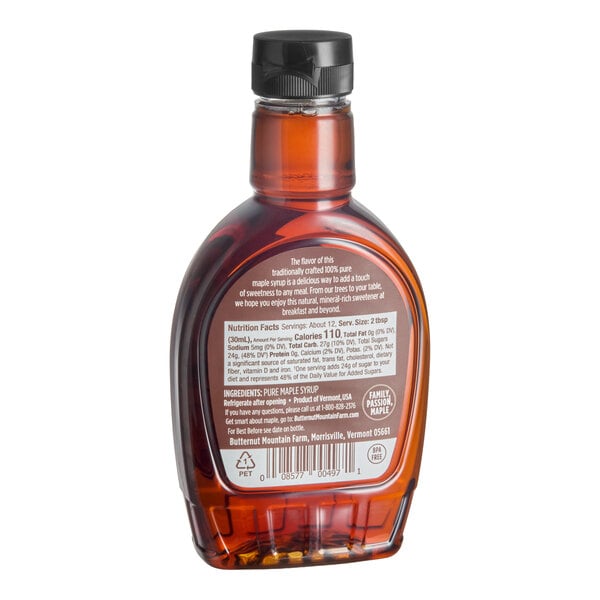 A 12 fl. oz. plastic bottle of Butternut Mountain Farm Grade A Amber Pure Vermont Maple Syrup.
