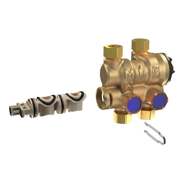 A brass thermostatic mixing valve with cross sense technology and accompanying components for under sink installation.