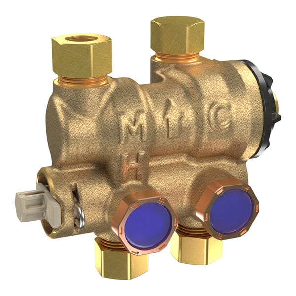 A brass Watts LFUSG-CS Under Sink Guardian 3/8 inch thermostatic mixing valve with Cross Sense Technology.