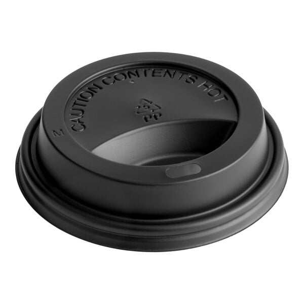 A black plastic travel lid with a raised drinking slot and embossed warning text that reads 'CAUTION CONTENTS HOT.'