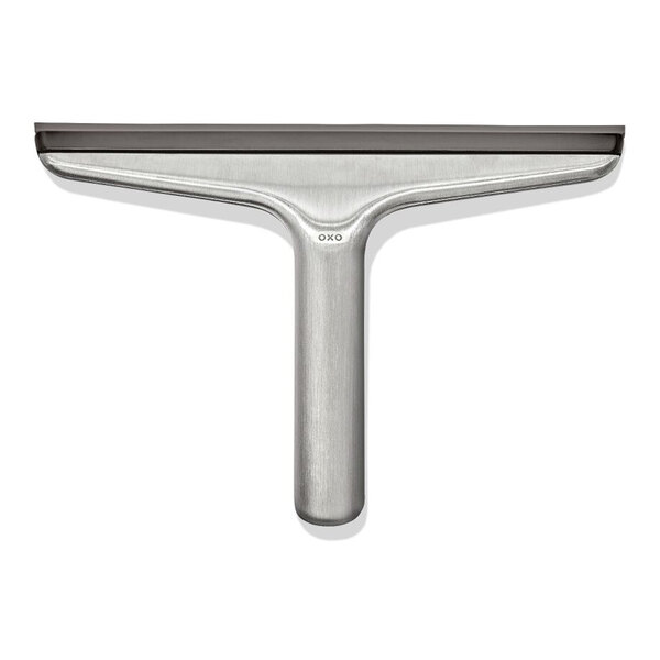 A stainless steel squeegee with a black rubber blade and a wide handle, designed for cleaning windows or showers.