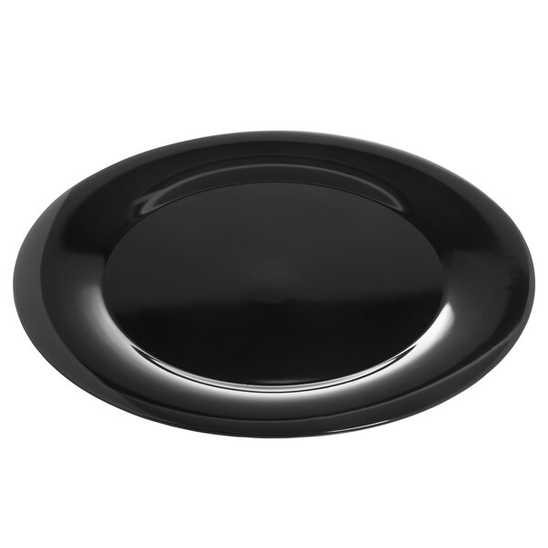 A black Carlisle melamine platter with a wide silver rim.