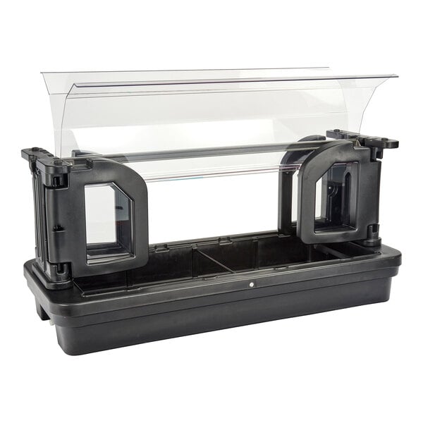 A black table top food or salad bar with a clear sneeze guard.