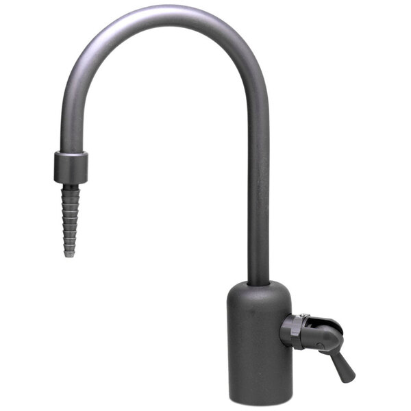 A gray T&S deck mount faucet with a serrated tip and a rigid gooseneck spout and a dual operation handle.