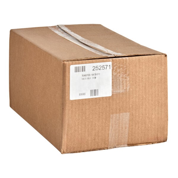 A large brown cardboard box labeled as containing 10 pounds of Kontos bulk toasted kataifi.