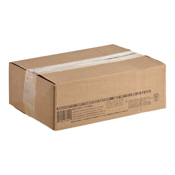 A large brown cardboard box labeled Amoretti Crunchy Toasted and Shredded Kataifi, weighing 10 pounds.