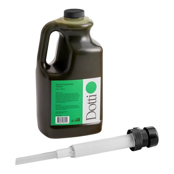 A large 64 fl. oz. jug of Dotti Original Matcha Tea 7:1 Concentrate with a dispensing pump.