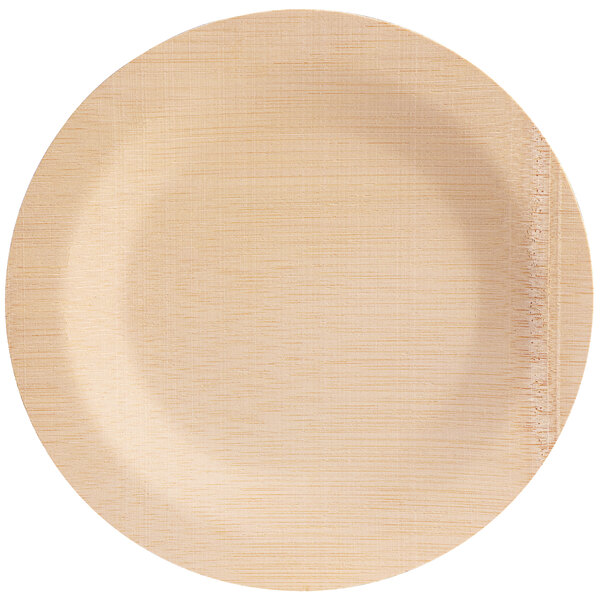 A round, light-colored plate with a subtle wood-like texture and a slightly raised rim.