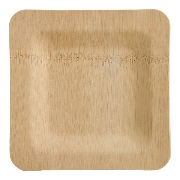 A square, shallow plate with a natural wood-like texture and rounded corners.