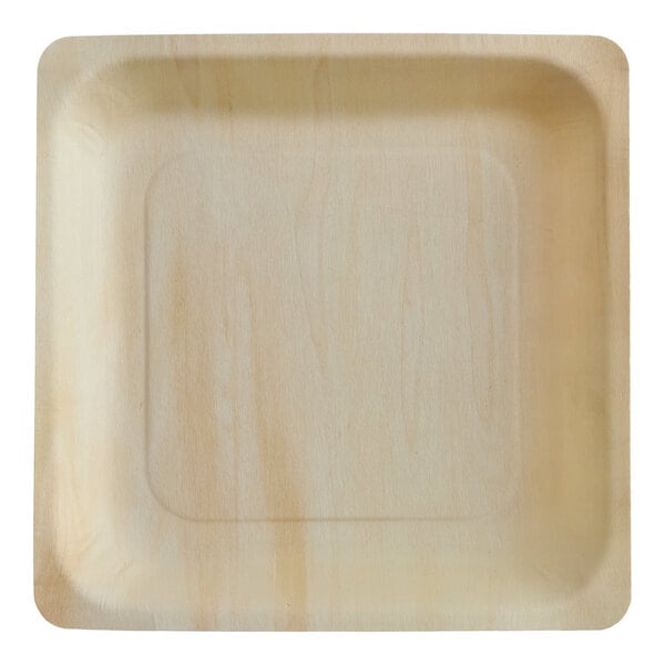 A square, light-colored wooden plate with slightly raised edges and a smooth surface.