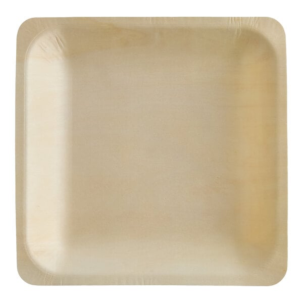 A square, light-colored wooden plate with slightly raised edges.
