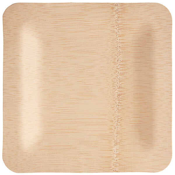 A square, light-colored plate with a natural wood-like texture and visible grain patterns.