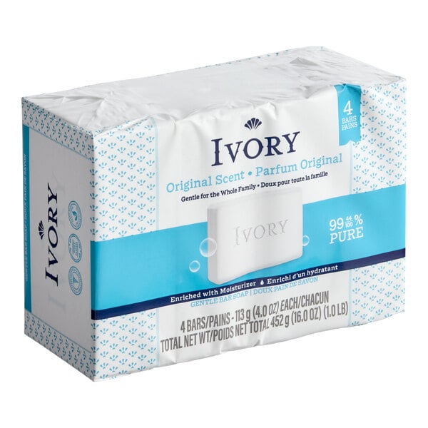 A package of Ivory Original Scent gentle bar soap containing four 4-ounce bars.