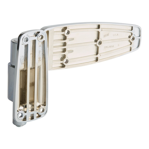 A close-up of a Kason reversible spring-assisted cam lift hinge with a silver finish.