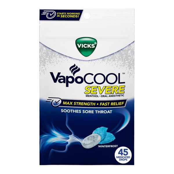 A bag of Vicks VapoCOOL SEVERE Winterfrost medicated cough drops containing 45 drops.